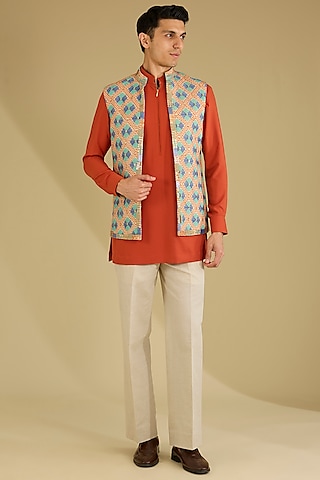 Beige Linen Phulkari Embroidered Nehru Jacket Set by Dhananjay