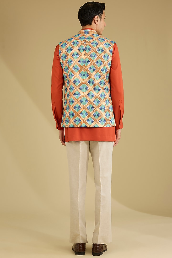 Beige Linen Phulkari Embroidered Nehru Jacket Set by Dhananjay at Pernia's Pop Up Shop