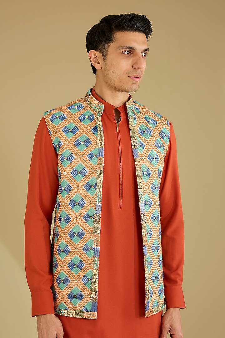 Beige Linen Phulkari Embroidered Nehru Jacket Set by Dhananjay at Pernia's Pop Up Shop
