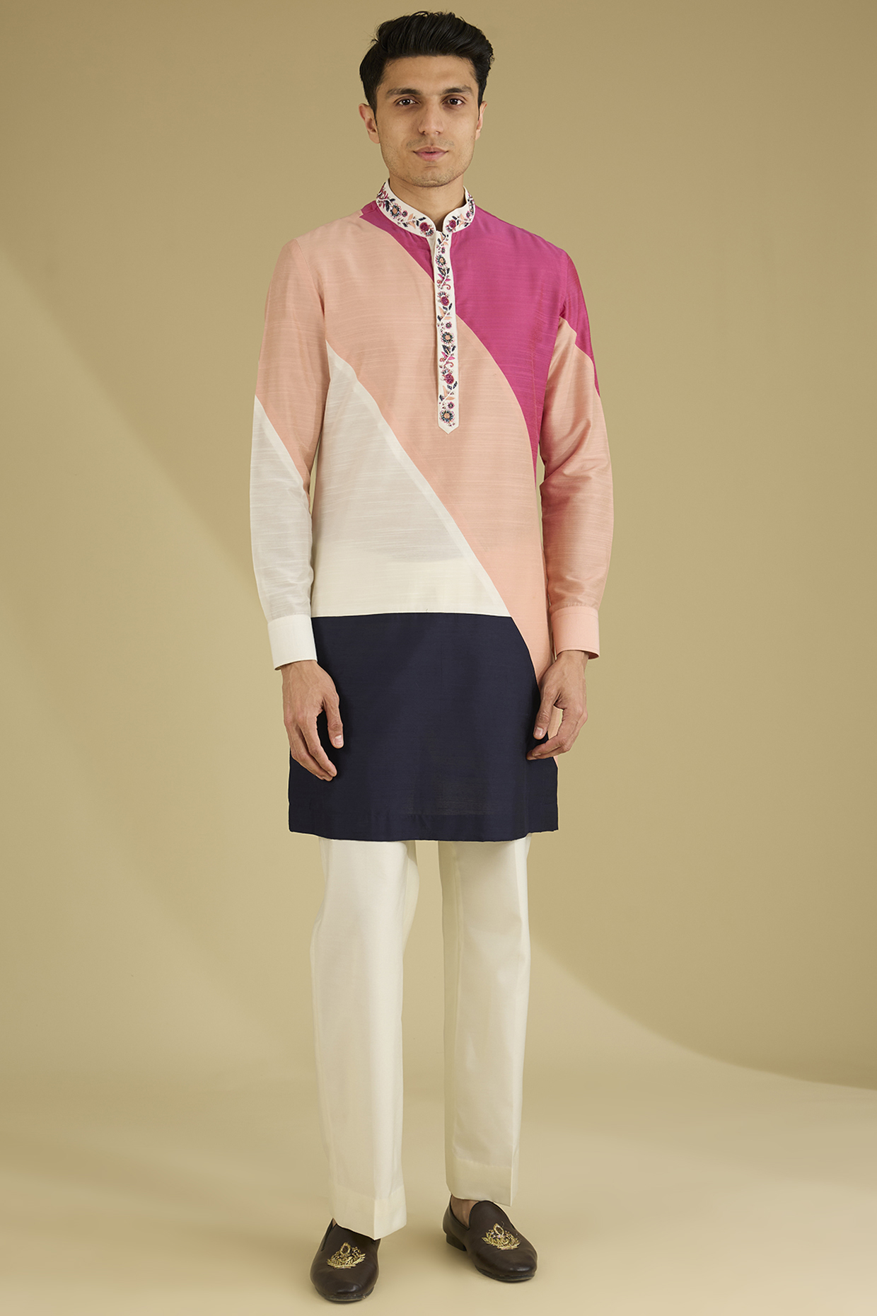 Multi-Colored Cotton Silk Color-Blocked Kurta Set by Dhananjay