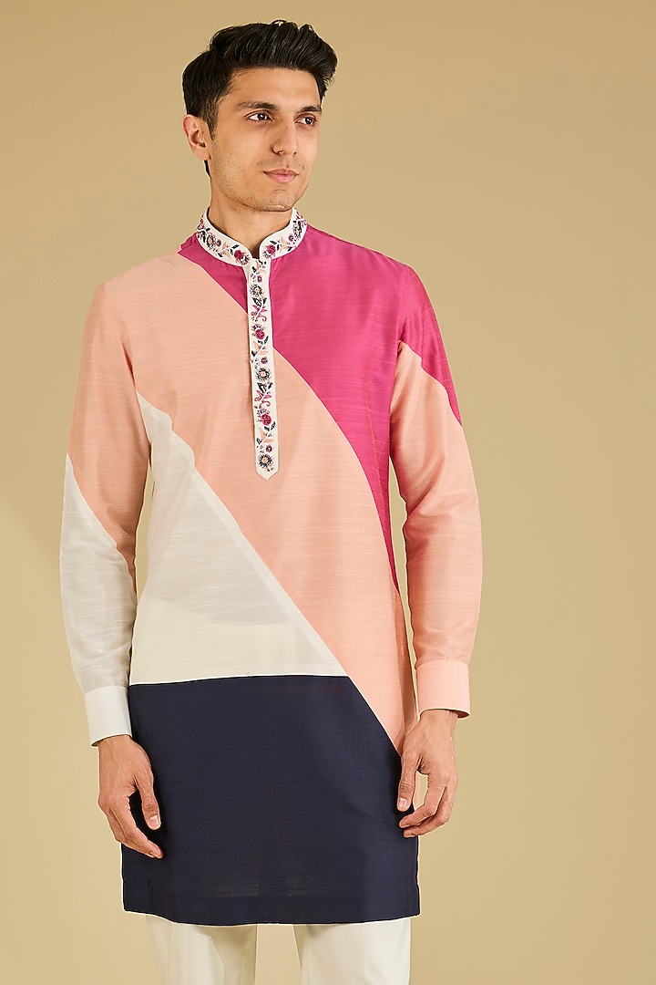 Multi-Colored Cotton Silk Color-Blocked Kurta Set by Dhananjay at Pernia's Pop Up Shop