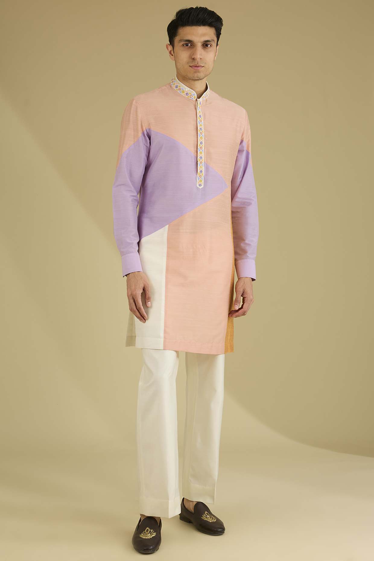 Multi-Colored Cotton Silk Color-Blocked Kurta Set by Dhananjay
