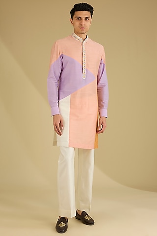 Multi-Colored Cotton Silk Color-Blocked Kurta Set by Dhananjay