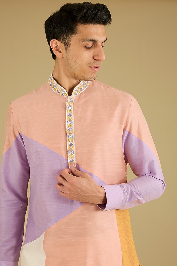 Multi-Colored Cotton Silk Color-Blocked Kurta Set by Dhananjay at Pernia's Pop Up Shop