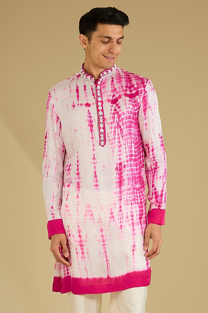Pink & White Cotton Silk Tie-Dye Kurta Set by Dhananjay at Pernia's Pop Up Shop