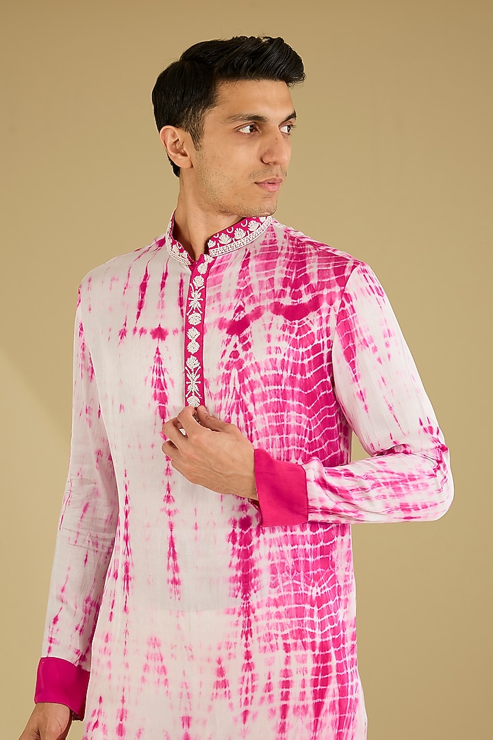 Pink & White Cotton Silk Tie-Dye Kurta Set by Dhananjay at Pernia's Pop Up Shop