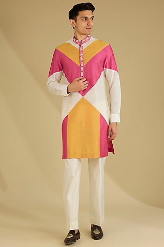 Multi-Colored Cotton Silk Embroidered Chevron Kurta Set by Dhananjay