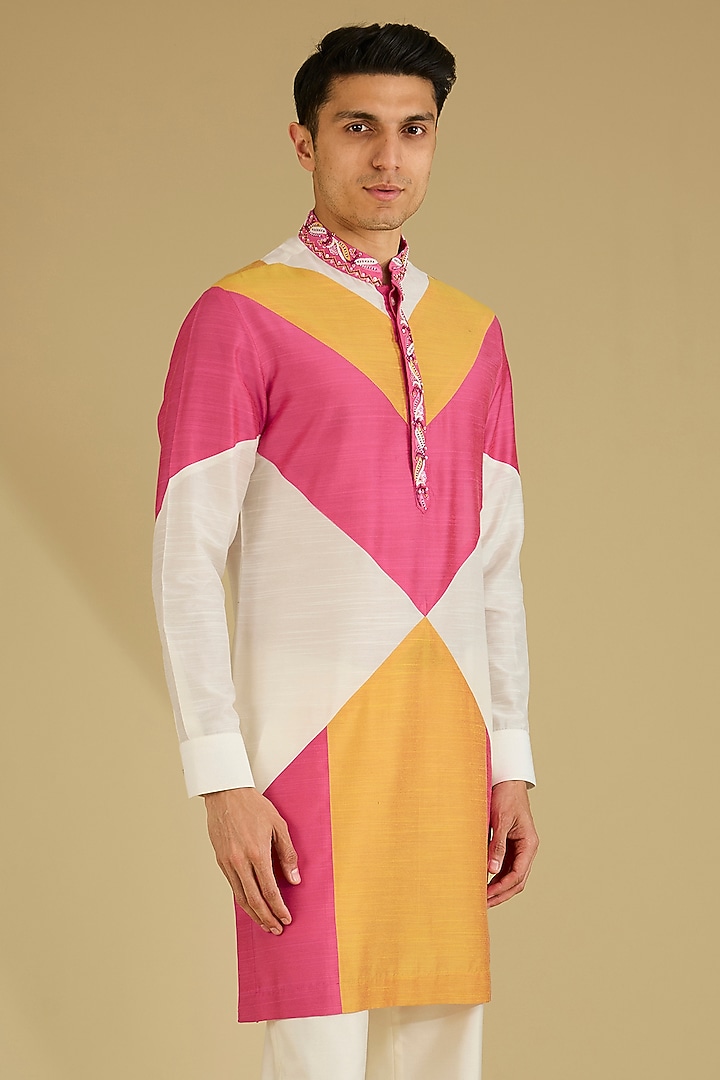 Multi-Colored Cotton Silk Embroidered Chevron Kurta Set by Dhananjay at Pernia's Pop Up Shop