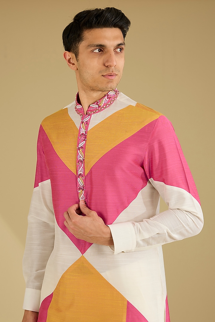 Multi-Colored Cotton Silk Embroidered Chevron Kurta Set by Dhananjay at Pernia's Pop Up Shop