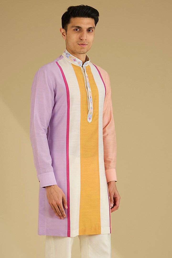 Multi-Colored Cotton Silk Color-Blocked Kurta Set by Dhananjay at Pernia's Pop Up Shop