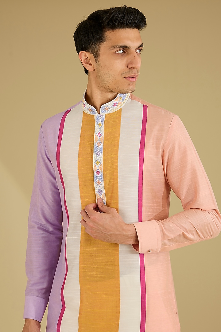Multi-Colored Cotton Silk Color-Blocked Kurta Set by Dhananjay at Pernia's Pop Up Shop