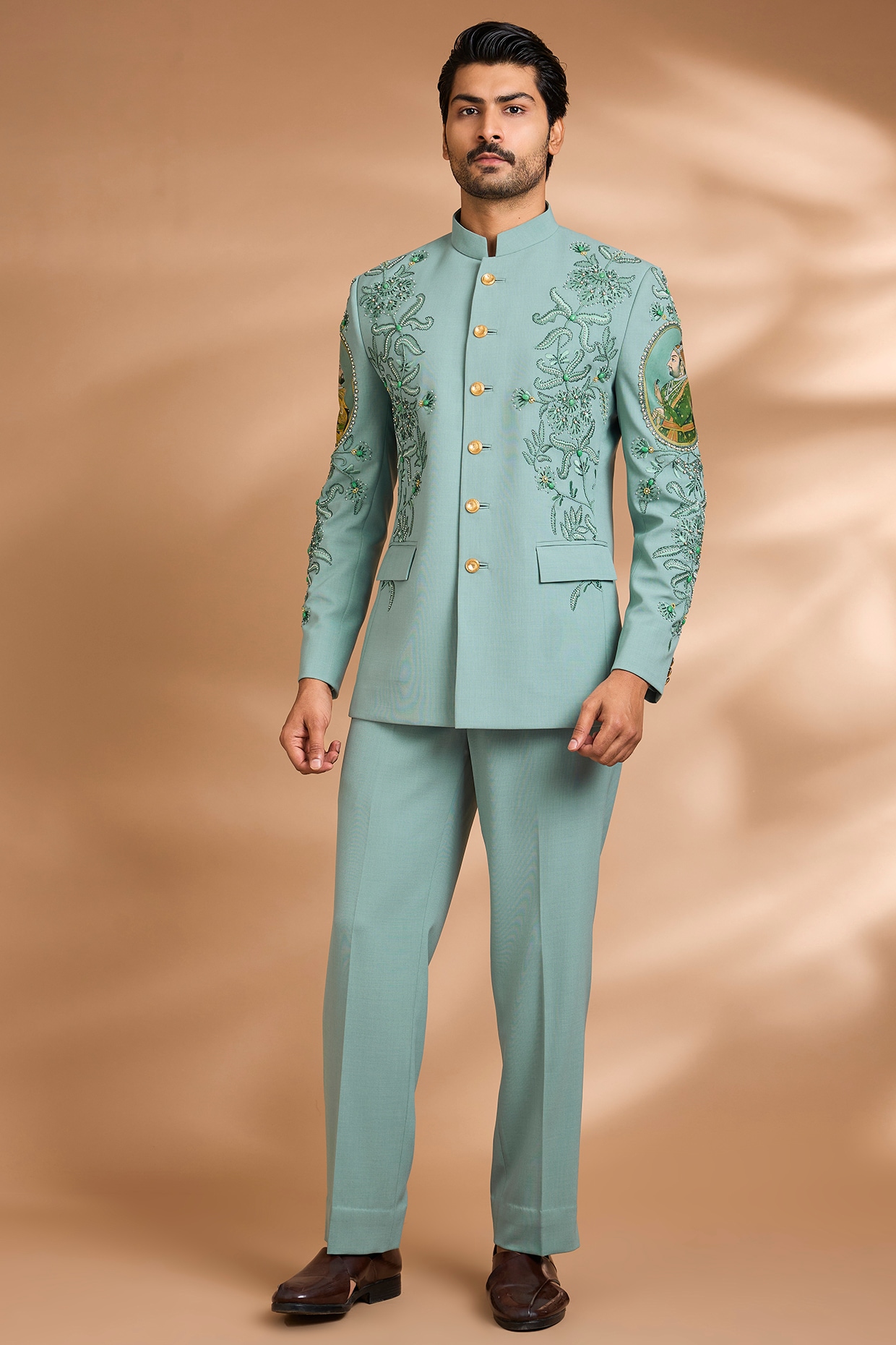 Dhananjay Aqua Polynosic Floral Embroidered Bandhgala Set