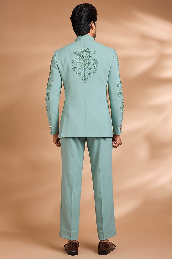 Aqua Polynosic Floral Embroidered Wedding Bandhgala Set by Dhananjay at Pernia's Pop Up Shop
