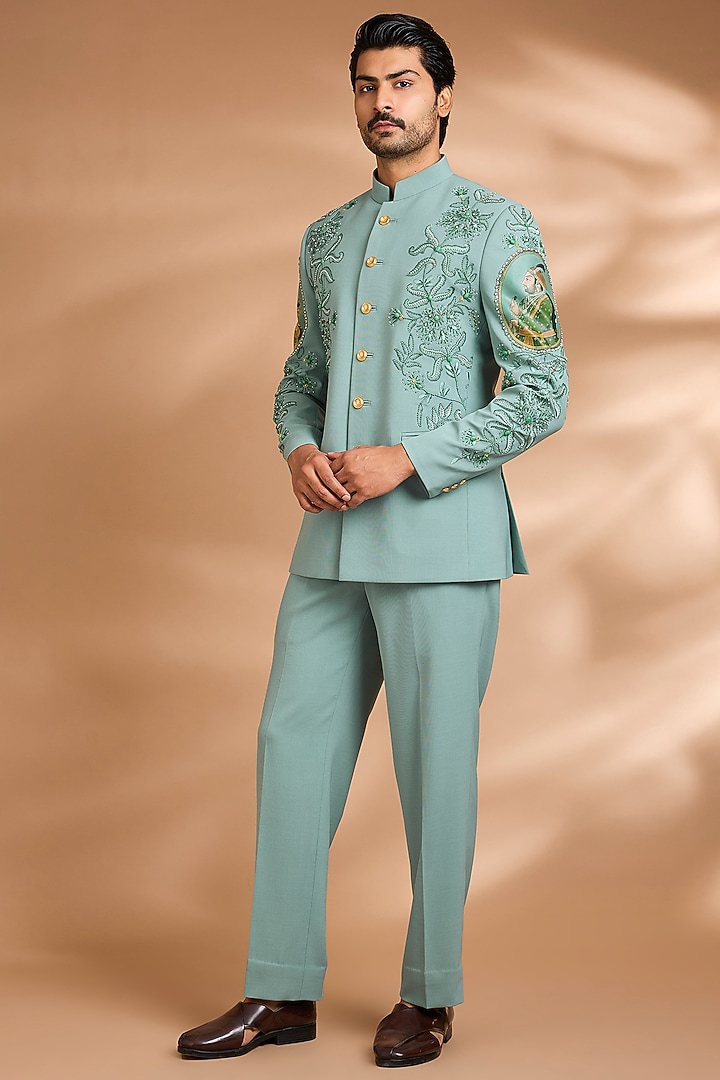 Aqua Polynosic Floral Embroidered Wedding Bandhgala Set by Dhananjay at Pernia's Pop Up Shop