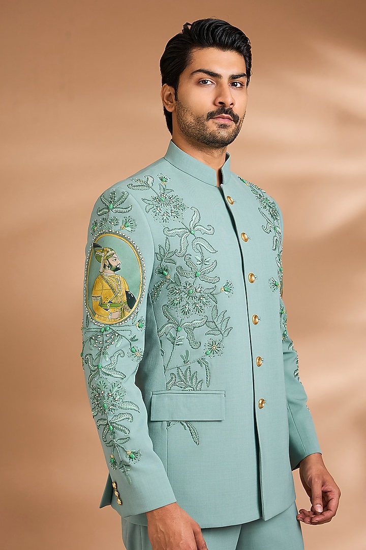 Aqua Polynosic Floral Embroidered Wedding Bandhgala Set by Dhananjay at Pernia's Pop Up Shop