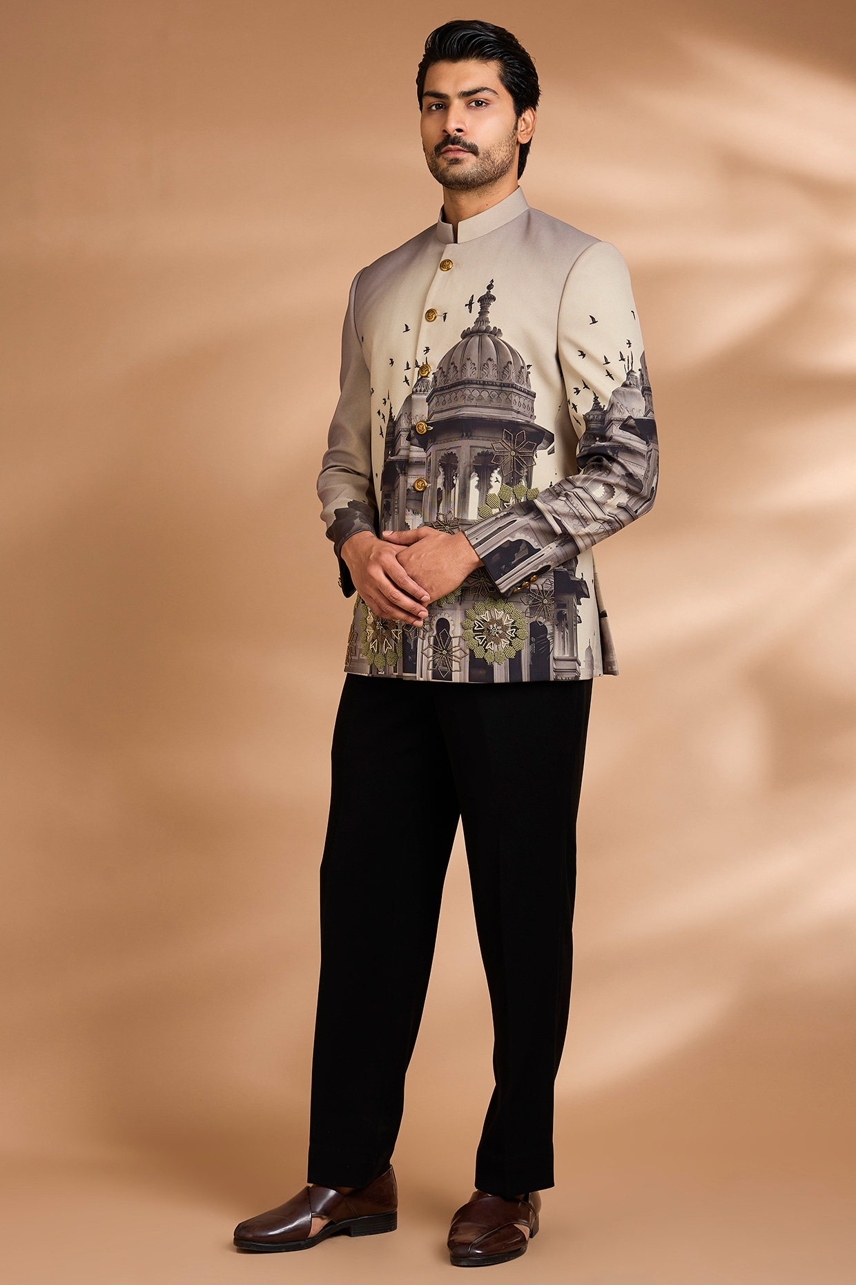 Dhananjay Ivory Polynosic Printed Bandhgala Set