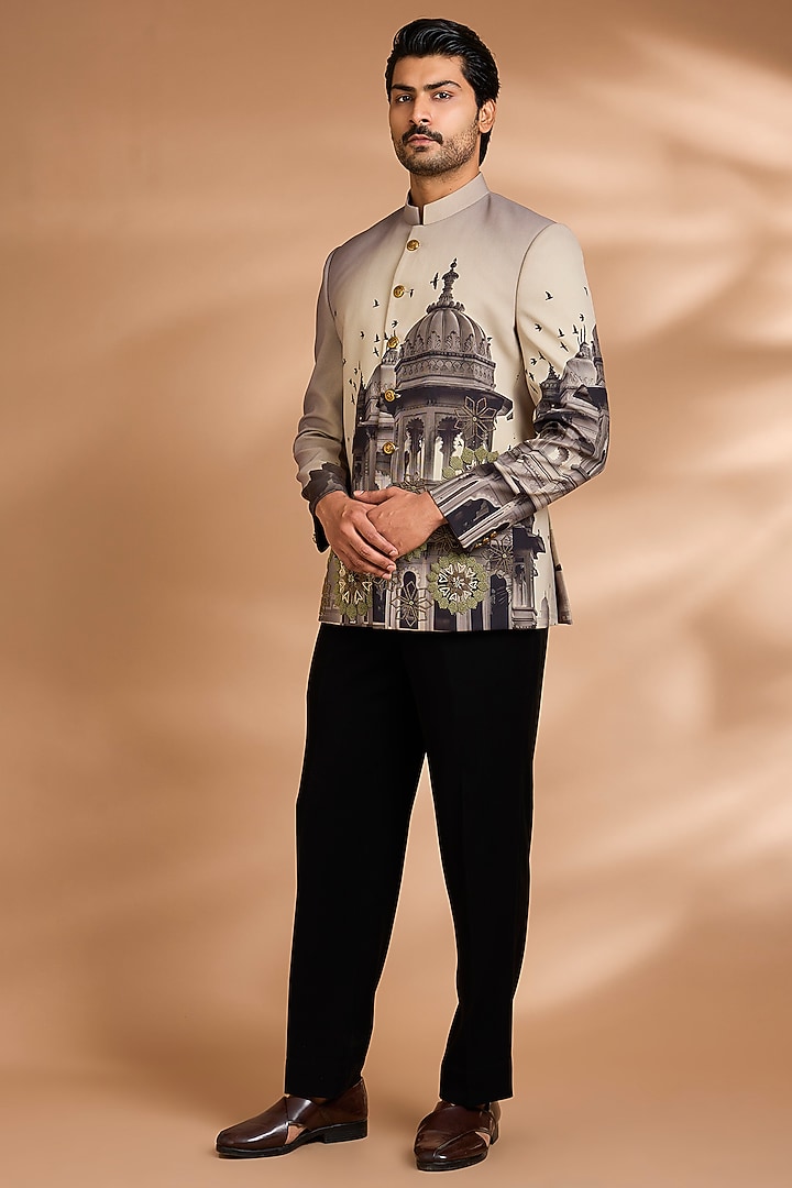 Ivory Polynosic Printed Wedding Bandhgala Set by Dhananjay at Pernia's Pop Up Shop