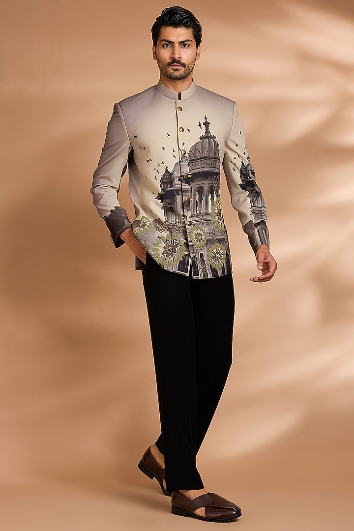 Ivory Polynosic Printed Wedding Bandhgala Set by Dhananjay at Pernia's Pop Up Shop