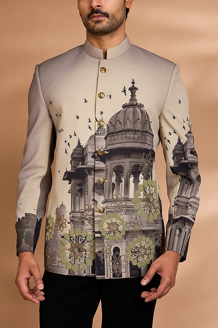 Ivory Polynosic Printed Wedding Bandhgala Set by Dhananjay at Pernia's Pop Up Shop