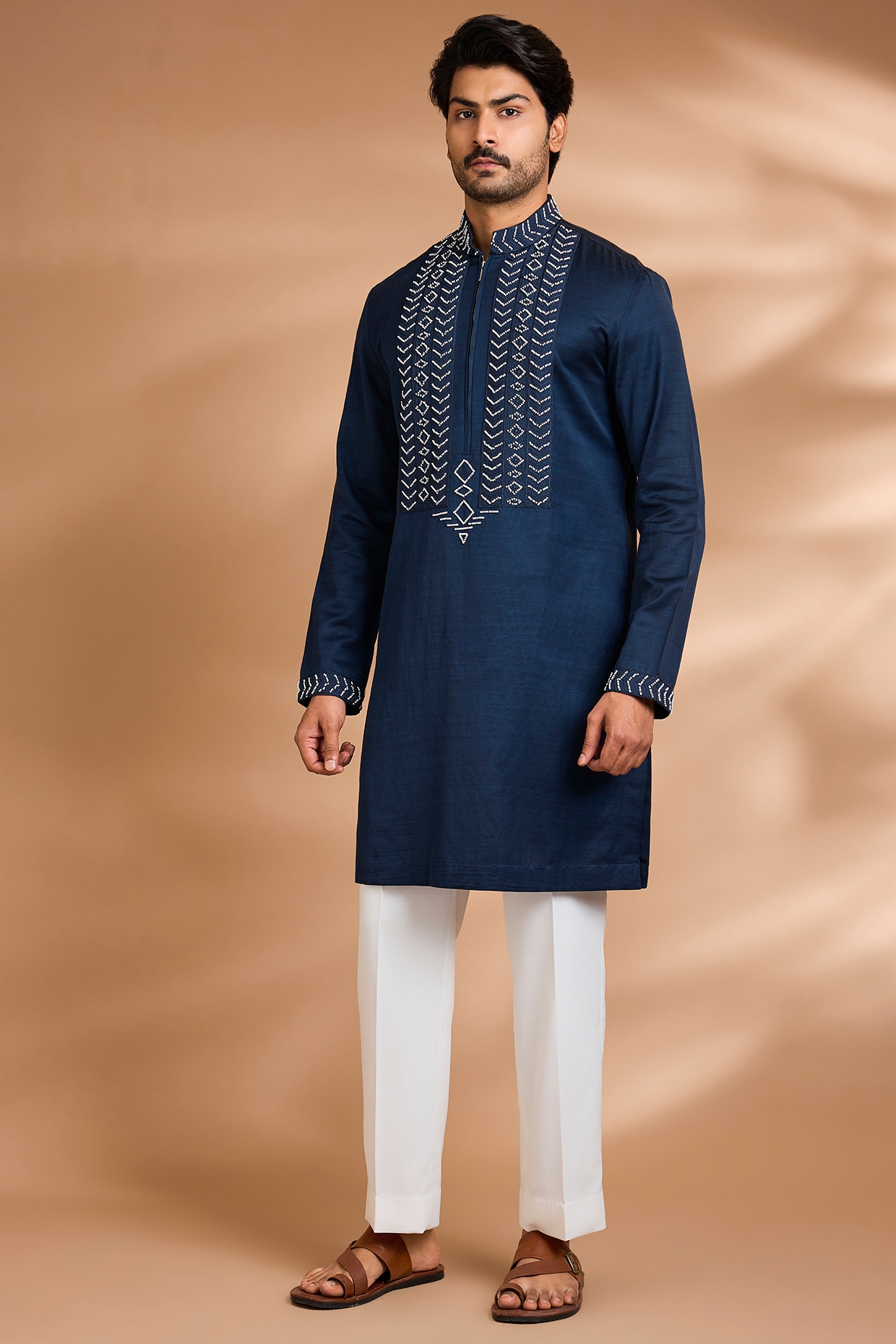 Dhananjay Navy Blue Linen Flex Embroidered Kurta Set