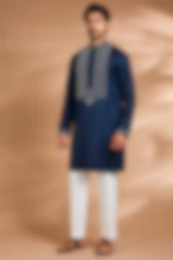 Navy Blue Linen Flex Embroidered Kurta Set by Dhananjay at Pernia's Pop Up Shop