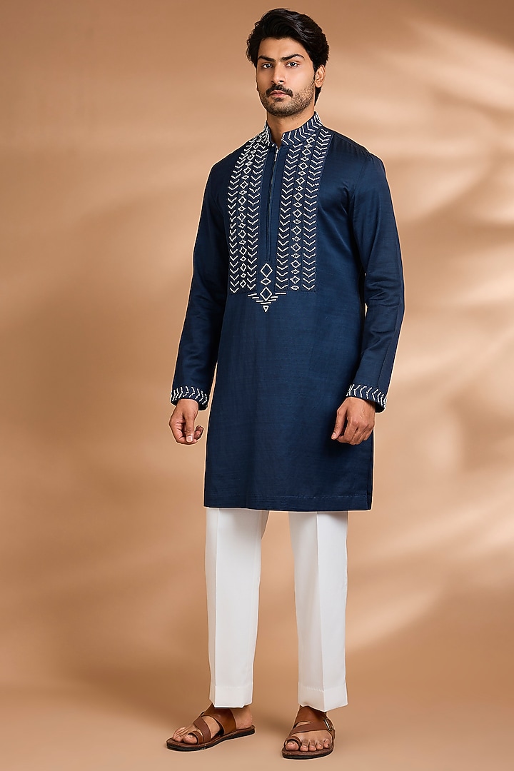 Navy Blue Linen Flex Embroidered Kurta Set by Dhananjay at Pernia's Pop Up Shop