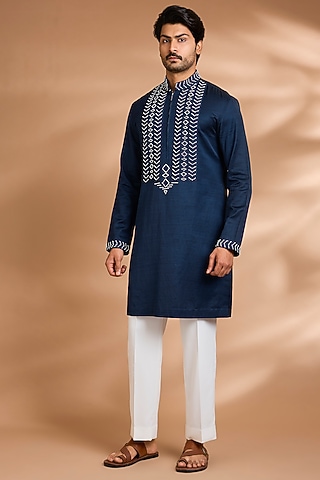 Navy Blue Linen Flex Embroidered Kurta Set by Dhananjay