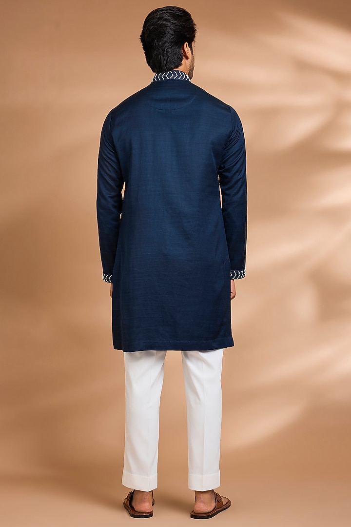 Navy Blue Linen Flex Embroidered Kurta Set by Dhananjay at Pernia's Pop Up Shop