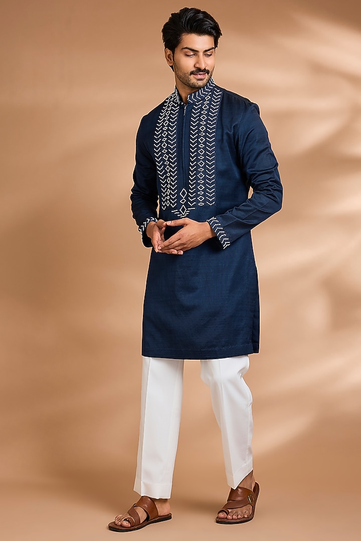 Navy Blue Linen Flex Embroidered Kurta Set by Dhananjay at Pernia's Pop Up Shop