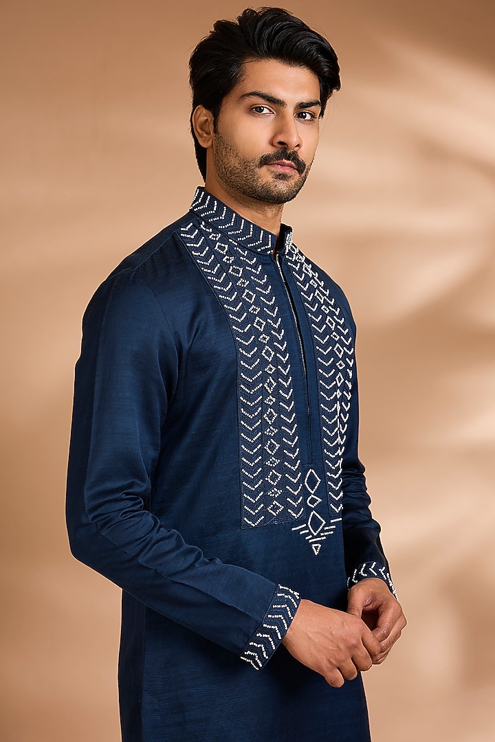 Navy Blue Linen Flex Embroidered Kurta Set by Dhananjay at Pernia's Pop Up Shop