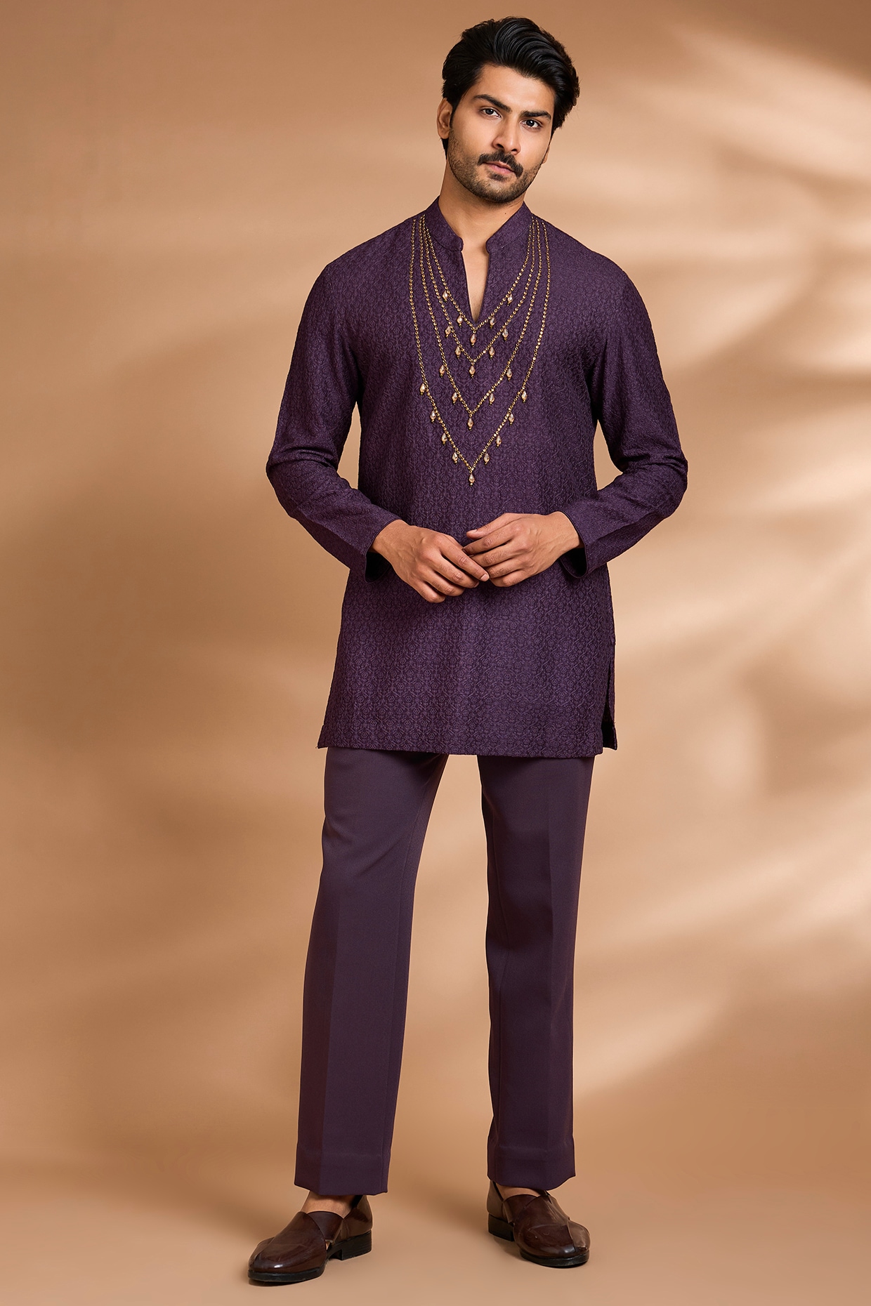 Dhananjay Plum Rayon Silk Embroidered Kurta Set