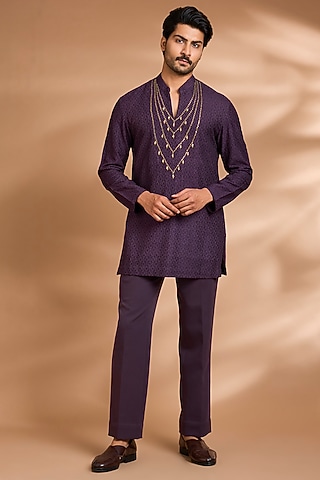 Plum Rayon Silk Embroidered Kurta Set by Dhananjay
