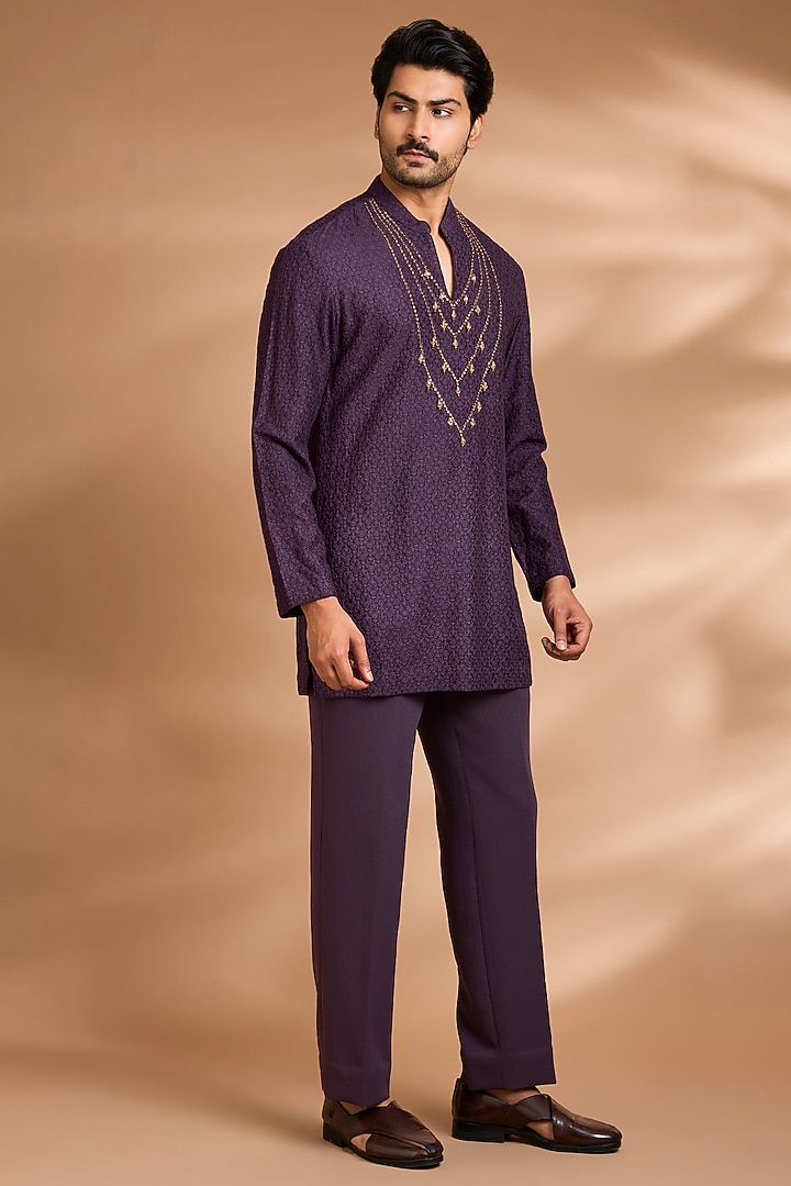 Plum Rayon Silk Embroidered Kurta Set by Dhananjay at Pernia's Pop Up Shop