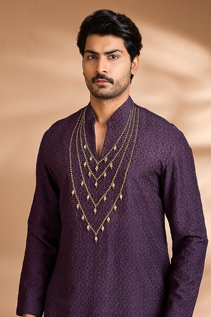 Plum Rayon Silk Embroidered Kurta Set by Dhananjay at Pernia's Pop Up Shop