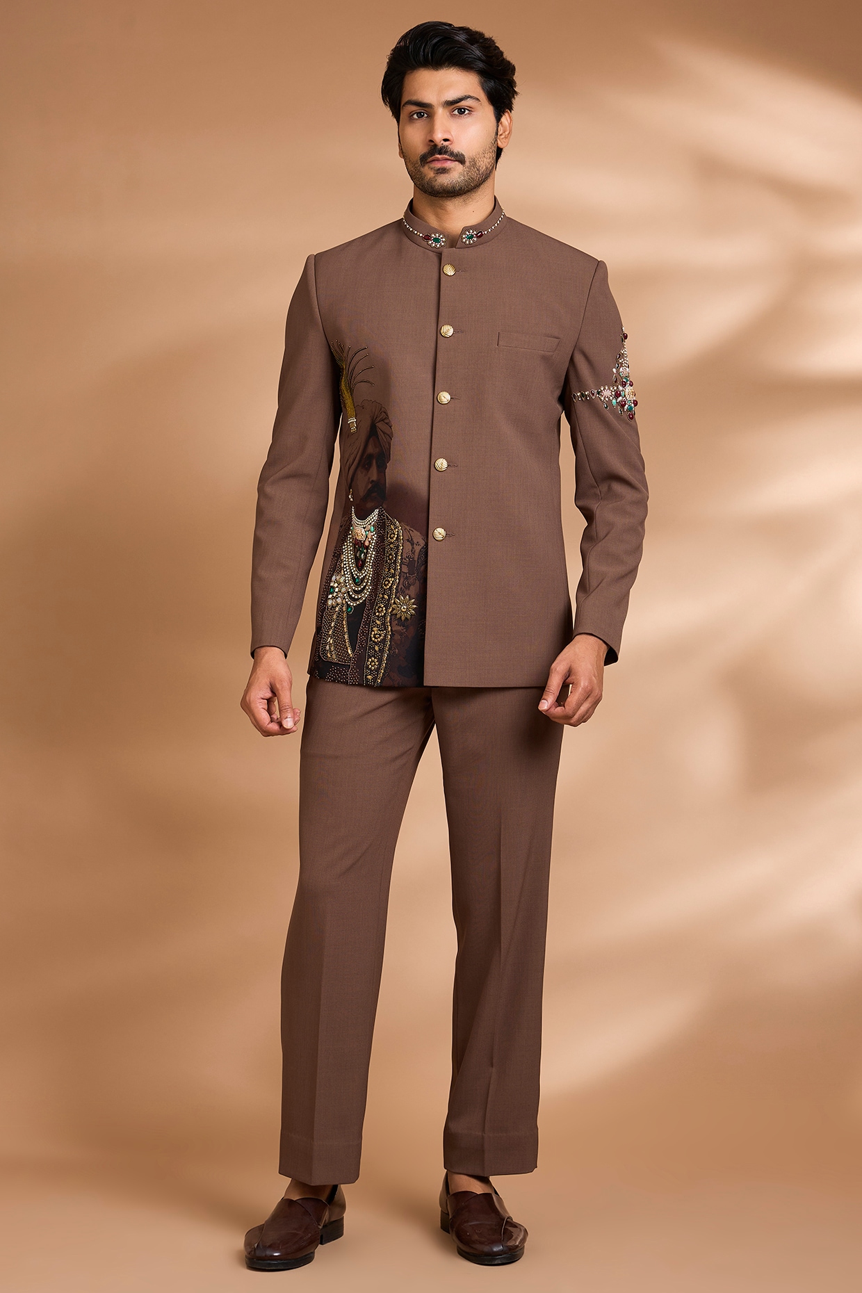 Dhananjay Brown Polynosic Floral Embroidered Bandhgala Set