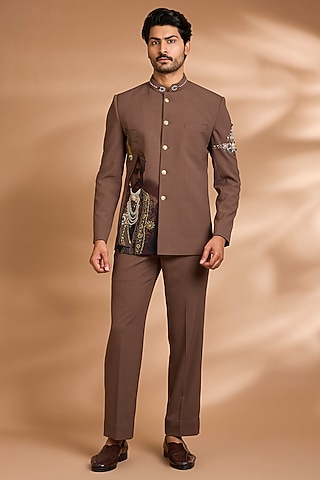 Brown Polynosic Floral Embroidered Bandhgala Set by Dhananjay