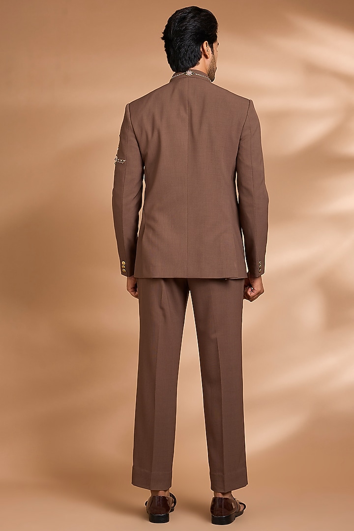 Brown Polynosic Floral Embroidered Wedding Bandhgala Set by Dhananjay at Pernia's Pop Up Shop
