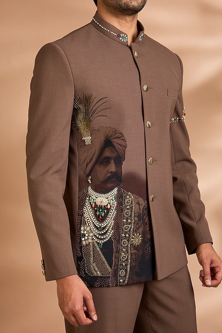 Brown Polynosic Floral Embroidered Wedding Bandhgala Set by Dhananjay at Pernia's Pop Up Shop