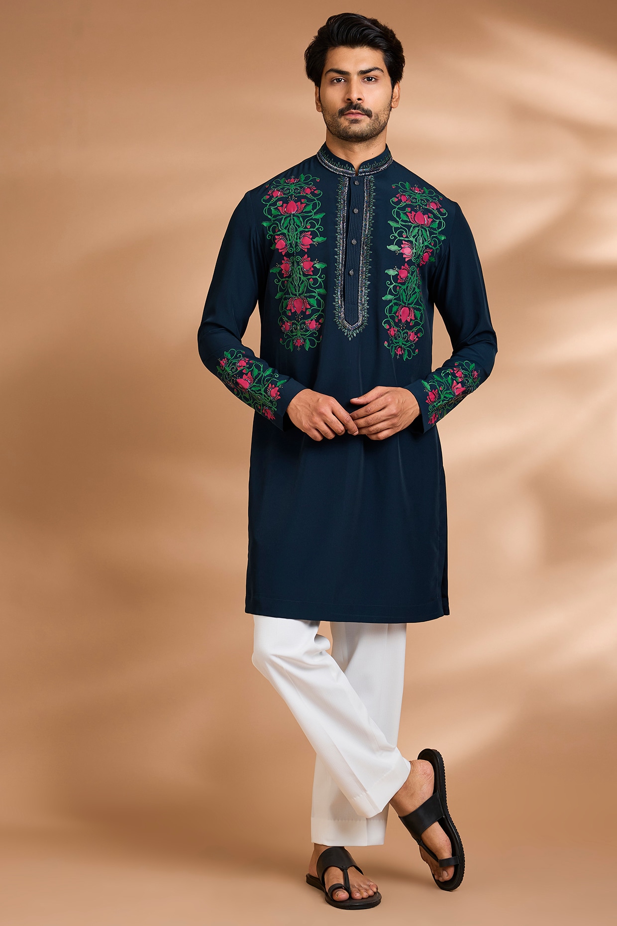 Dhananjay Midnight Blue Polyester Floral Printed Kurta Set