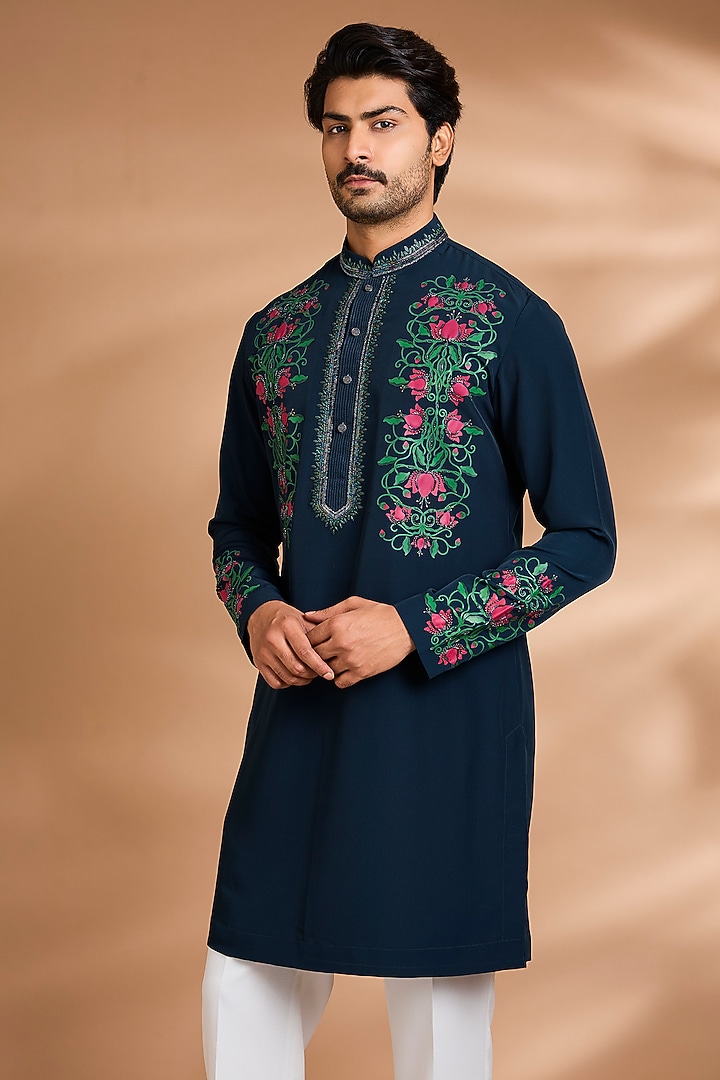 Midnight Blue Polyester Floral Printed Kurta Set by Dhananjay at Pernia's Pop Up Shop