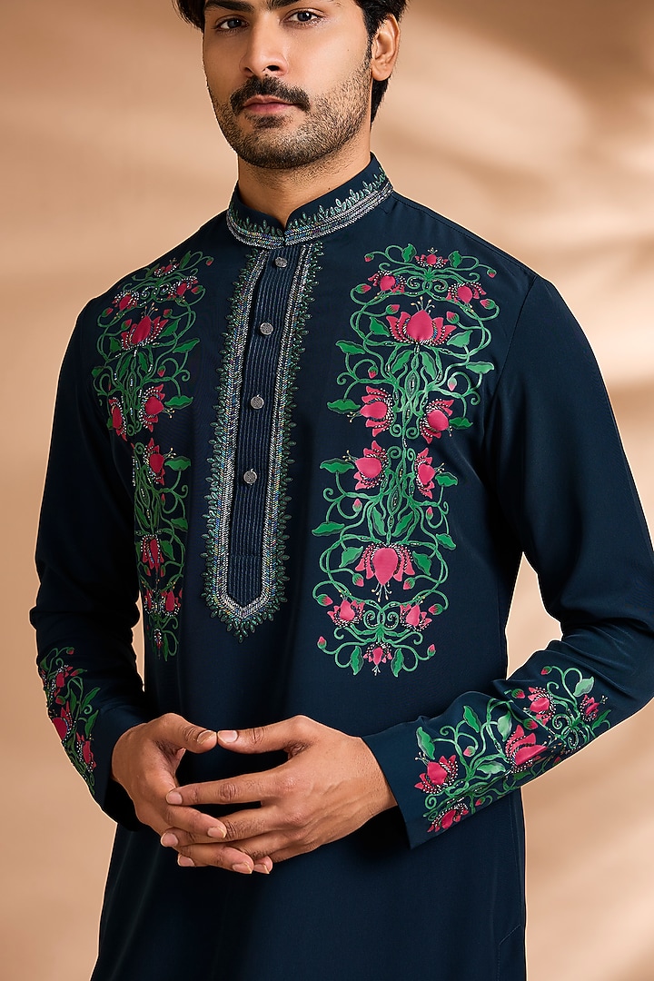 Midnight Blue Polyester Floral Printed Kurta Set by Dhananjay at Pernia's Pop Up Shop