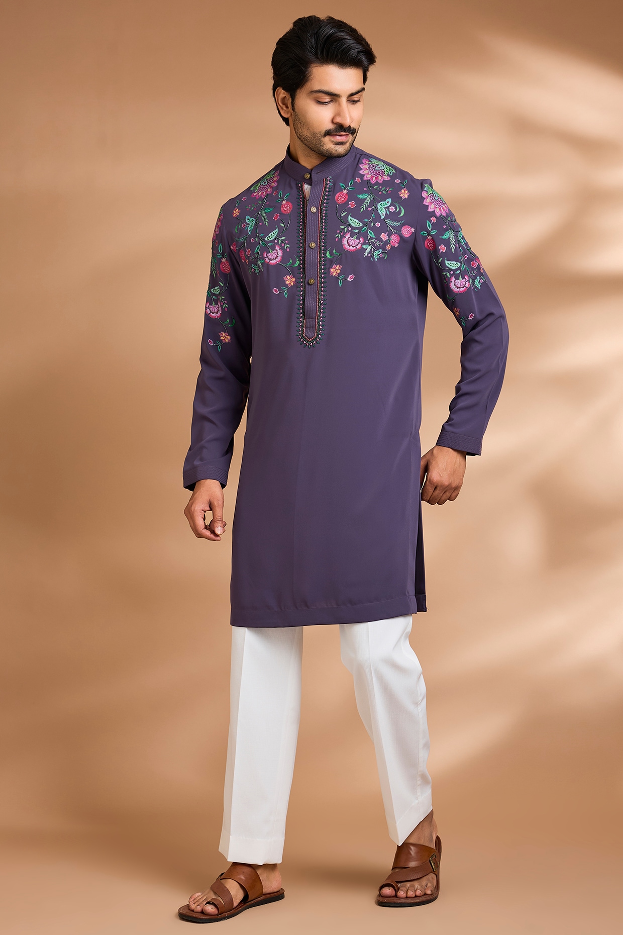 Dhananjay Mauve Polyester Floral Printed Kurta Set