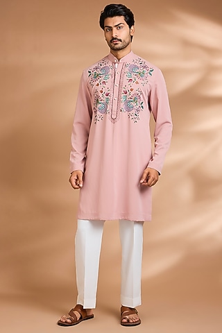 Blush Pink Polyester Floral Printed Kurta Set by Dhananjay
