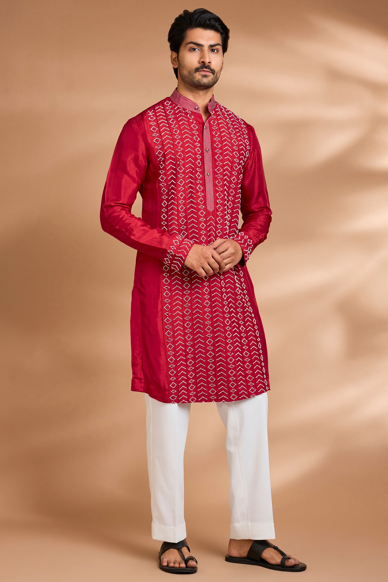 Dhananjay Crimson Red Silk Embroidered Kurta Set
