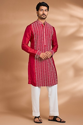 Crimson Red Silk Embroidered Kurta Set by Dhananjay