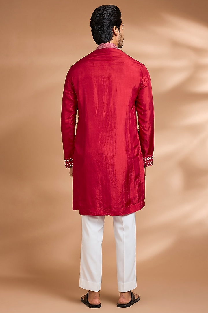 Crimson Red Silk Embroidered Kurta Set by Dhananjay at Pernia's Pop Up Shop