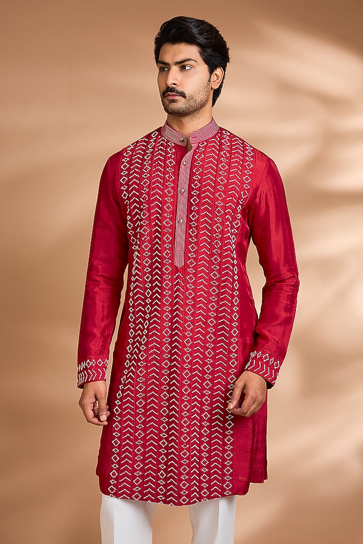 Crimson Red Silk Embroidered Kurta Set by Dhananjay at Pernia's Pop Up Shop