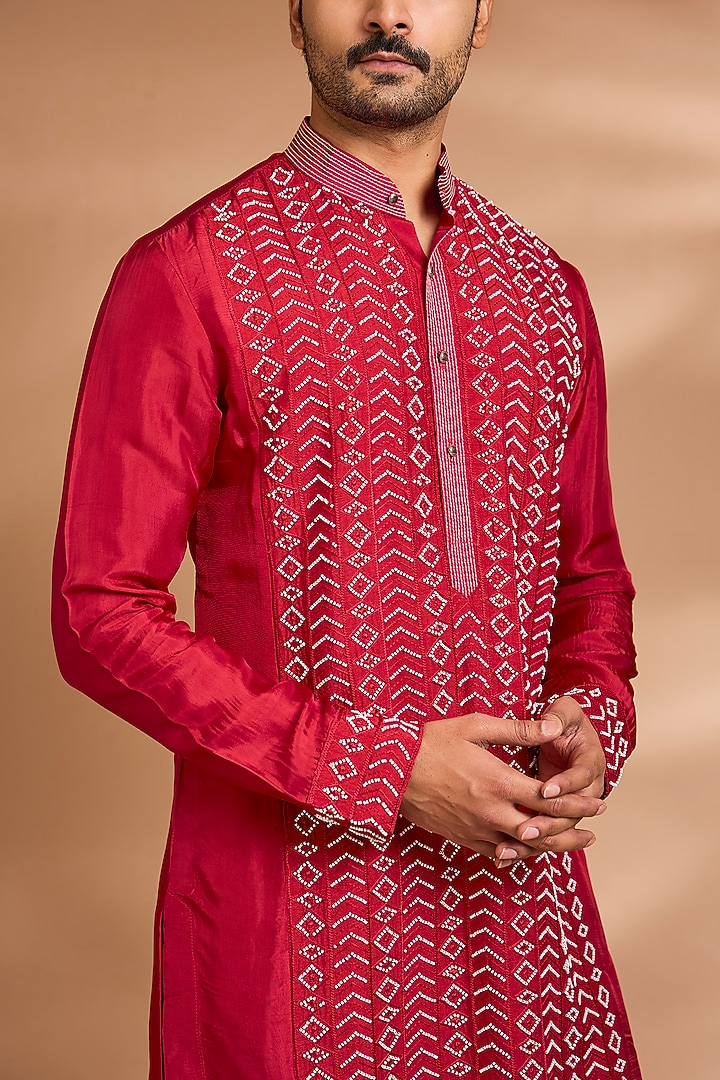 Crimson Red Silk Embroidered Kurta Set by Dhananjay at Pernia's Pop Up Shop