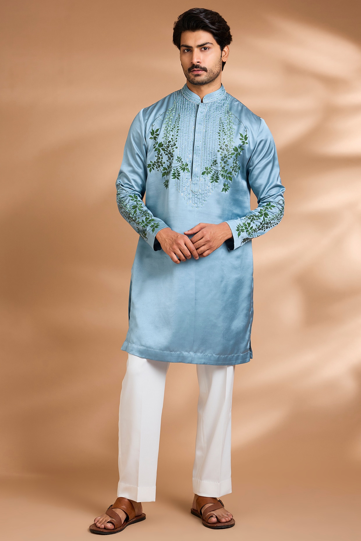 Dhananjay Sky Blue Poly Silk Floral Printed & Embroidered Kurta Set