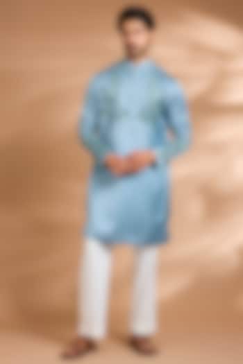 Sky Blue Poly Silk Floral Printed & Embroidered Kurta Set by Dhananjay at Pernia's Pop Up Shop